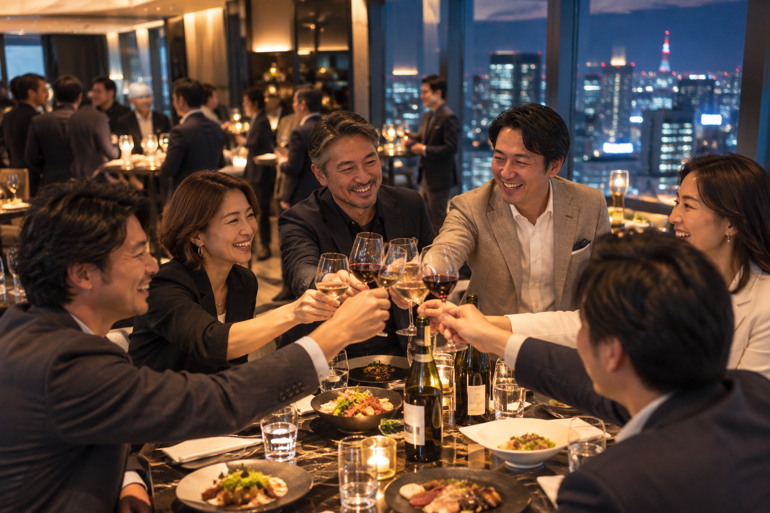 夜景の見える会場で乾杯し、交流を楽しむ参加者たち